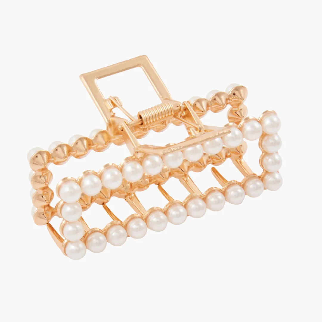 Clearance Pince croco rectangulaire avec perles - doré et nacré Pinces À Cheveux