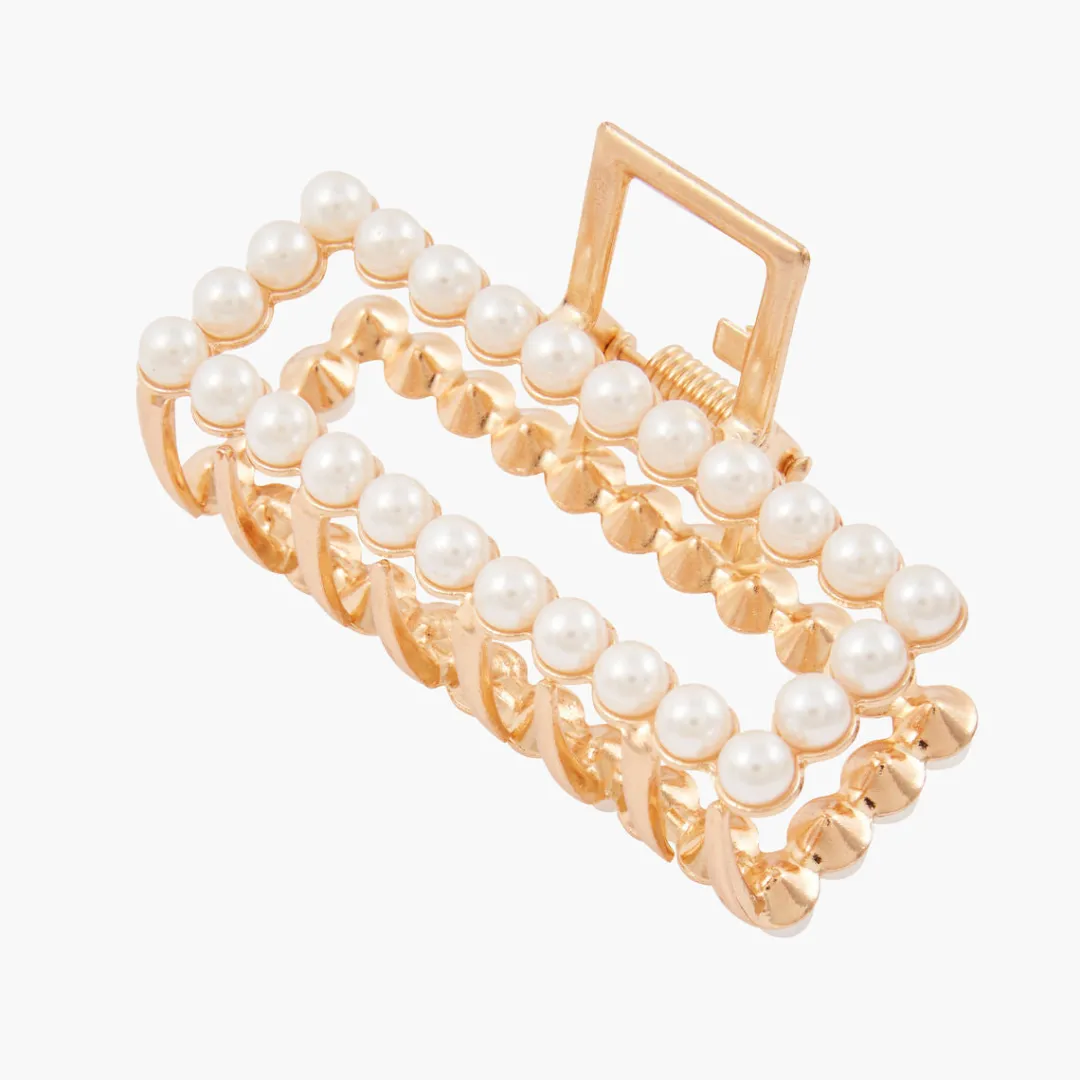 Clearance Pince croco rectangulaire avec perles - doré et nacré Pinces À Cheveux