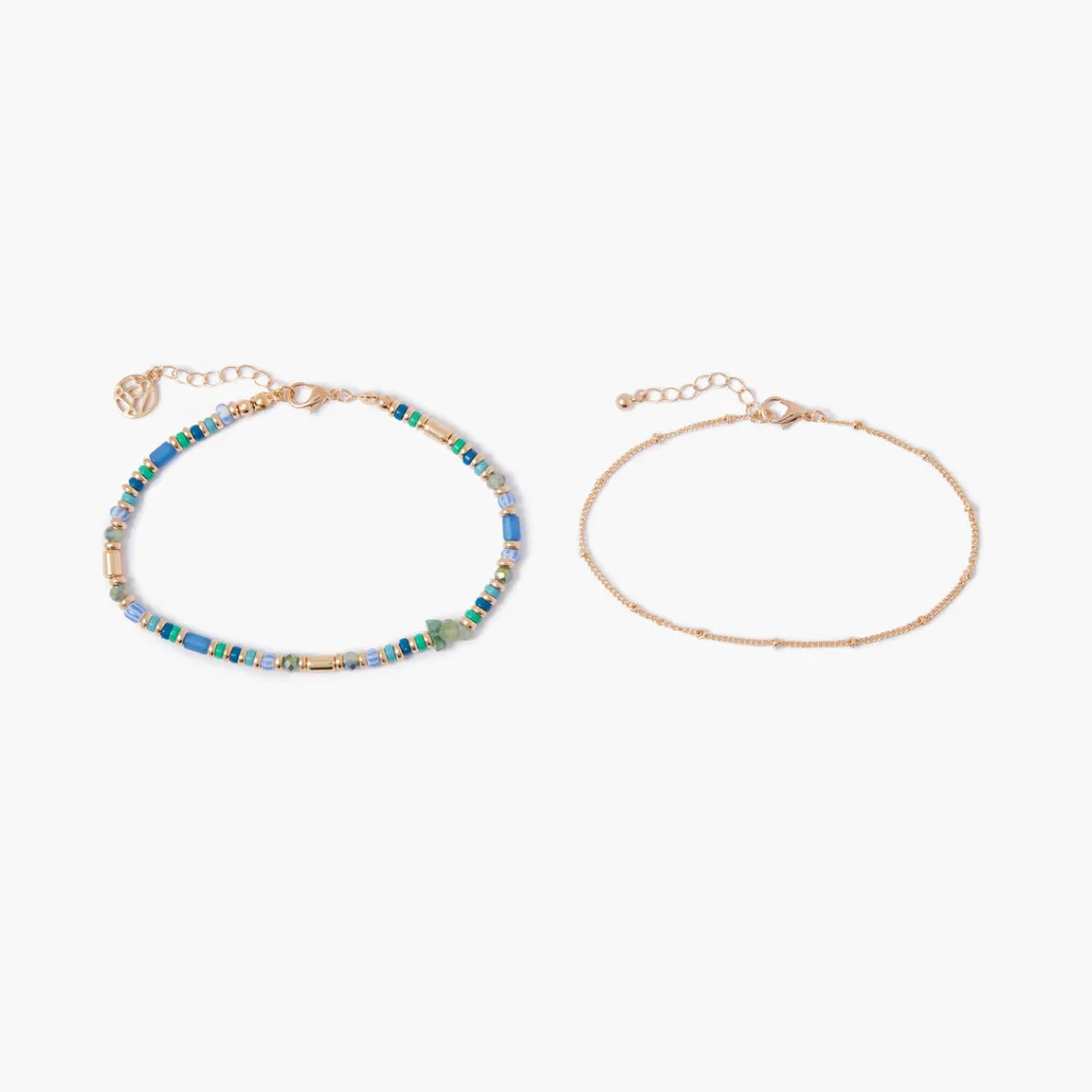 Store Set de 2 chaînes de cheville bleu, vert, doré Bijoux De Corps