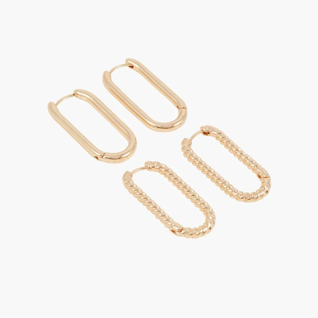 Sale Set de 2 créoles rectangulaires lisses et torsadées Boucles D'Oreilles