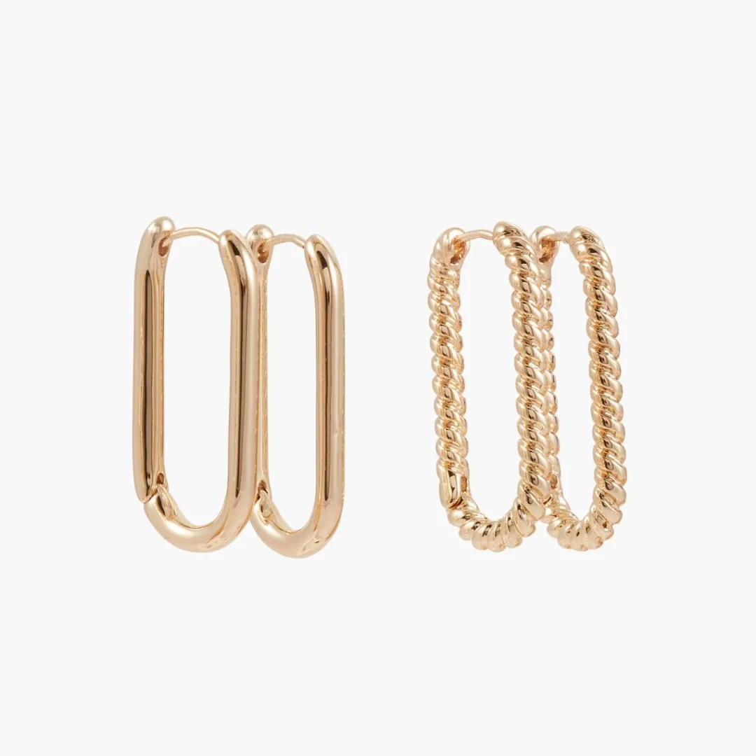 Sale Set de 2 créoles rectangulaires lisses et torsadées Boucles D'Oreilles