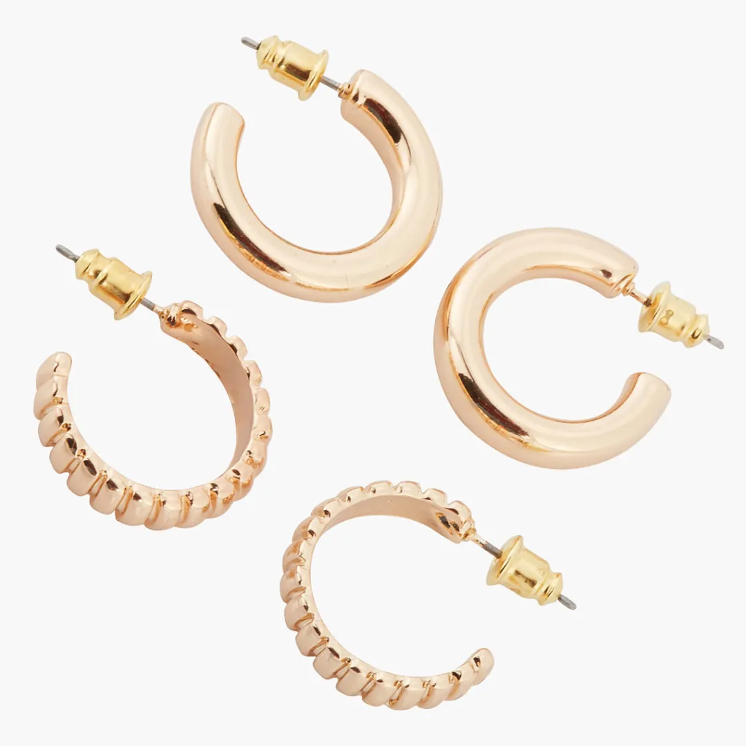 Cheap Set de 2 créoles rondes dorées lisses et striées Boucles D'Oreilles