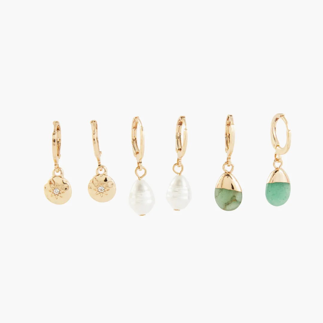 Fashion Set de 3 minis créoles perle, pierre et médaille Boucles D'Oreilles