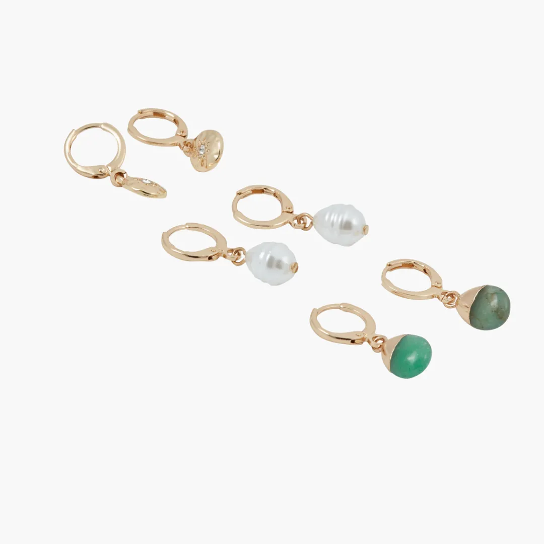 Fashion Set de 3 minis créoles perle, pierre et médaille Boucles D'Oreilles