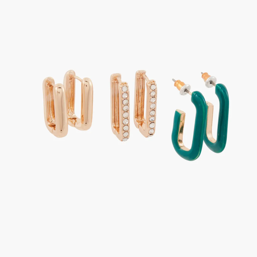 Cheap Set de 3 paires de petites créoles rectangulaires Boucles D'Oreilles