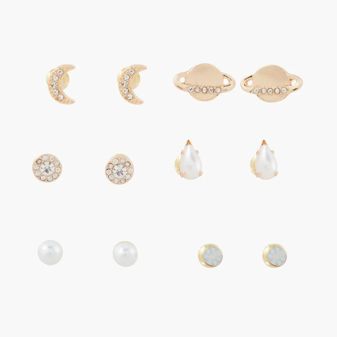 Clearance Set de 6 puces d'oreilles strass perle lune et planète Boucles D'Oreilles