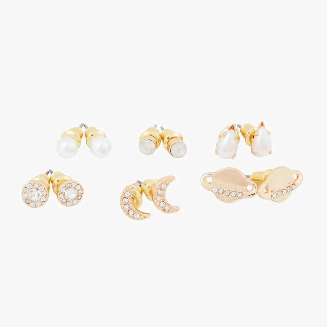 Clearance Set de 6 puces d'oreilles strass perle lune et planète Boucles D'Oreilles